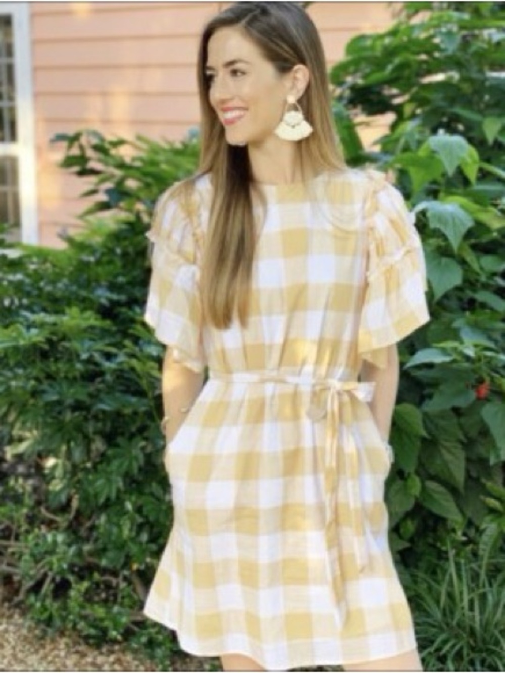 Who What Wear Yellow and White Gingham Tie-Waist Mini Dress